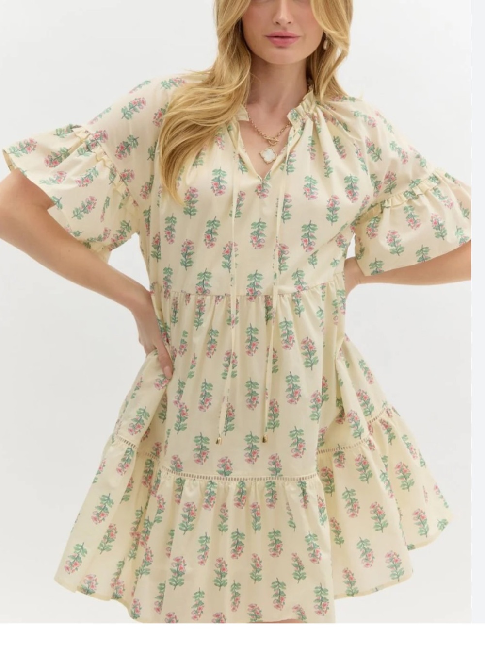 New Boho Cottagecore Cream Floral Tiered Ruffle Bow Mini Dress